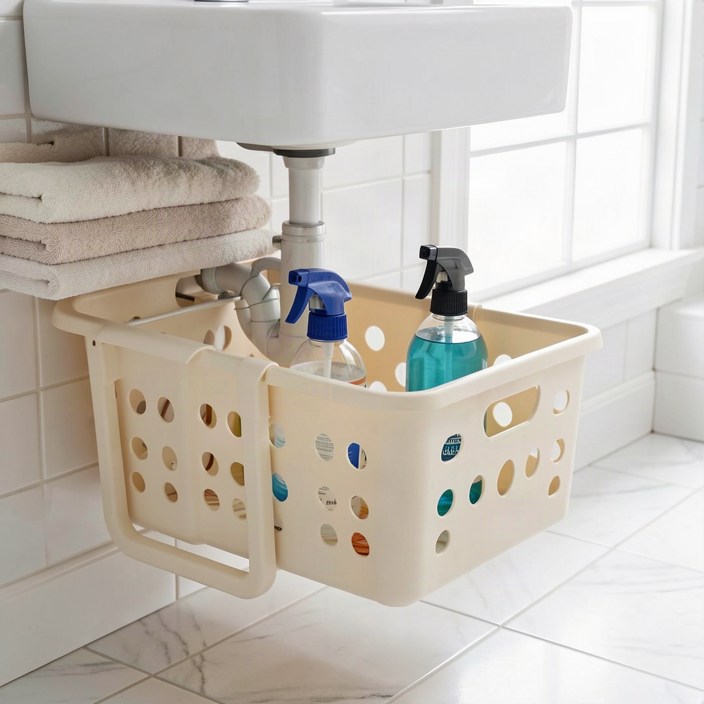 2-Tier Under-Sink Sliding Storage Basket with Hooks