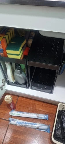 2-Tier Under-Sink Sliding Storage Basket with Hooks - View 7