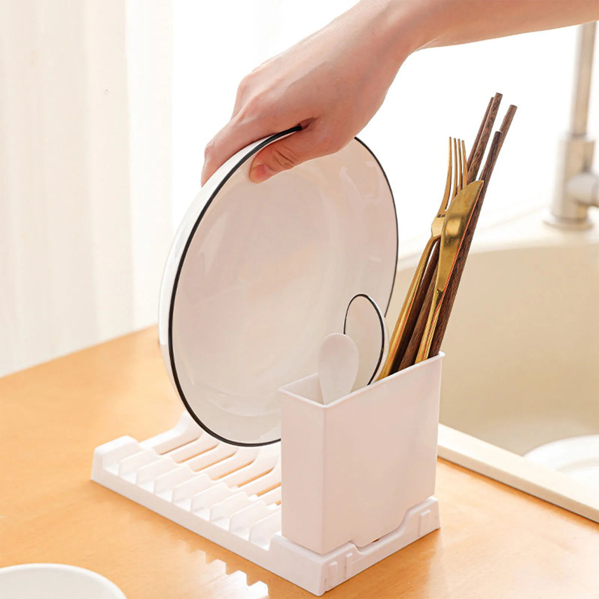 Collapsible Dish Drying Rack - Space Saving Kitchen Sink Dish Drainer with Utensil Holder - View 2
