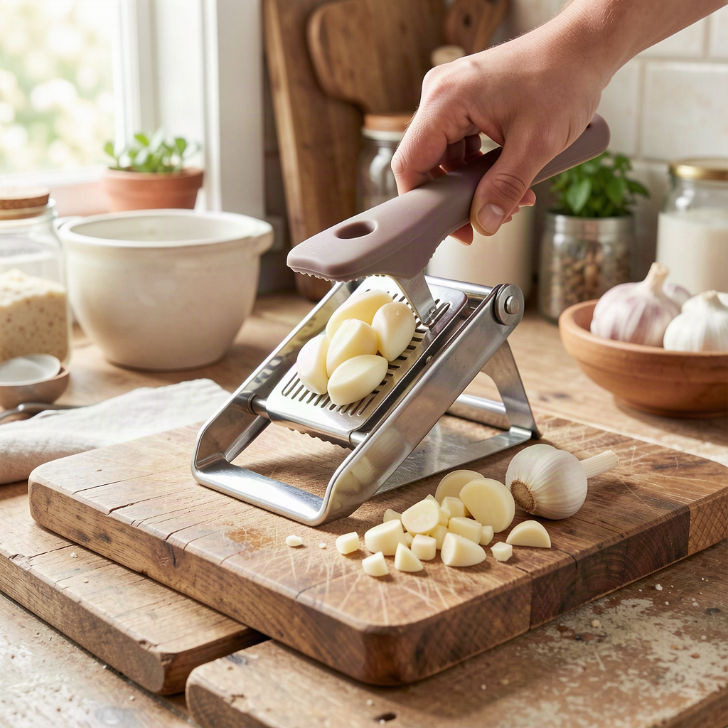 Stainless Steel Garlic Press Rocker with Silicone Peeler