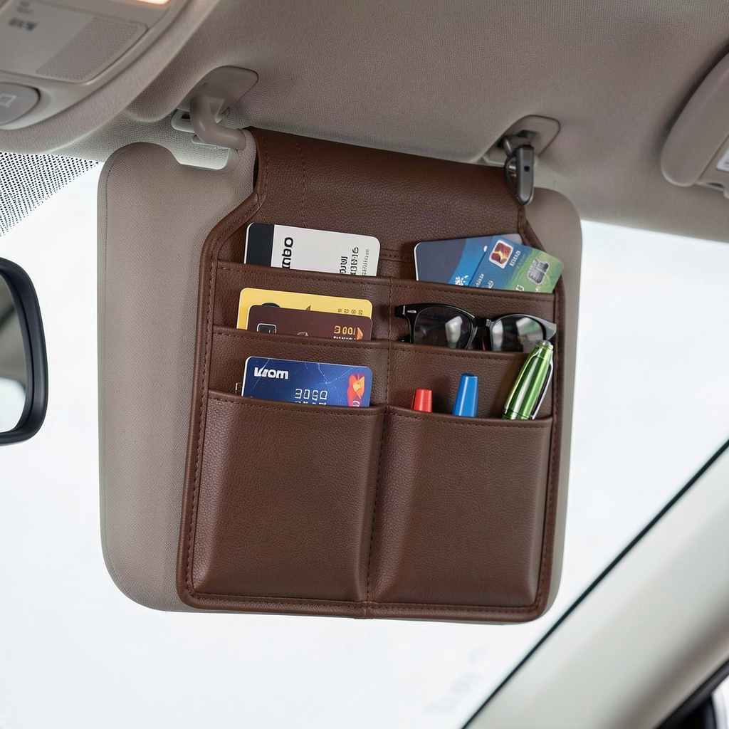 Car Sun Visor Organizer - PU Leather Multi-Pocket Storage Pouch