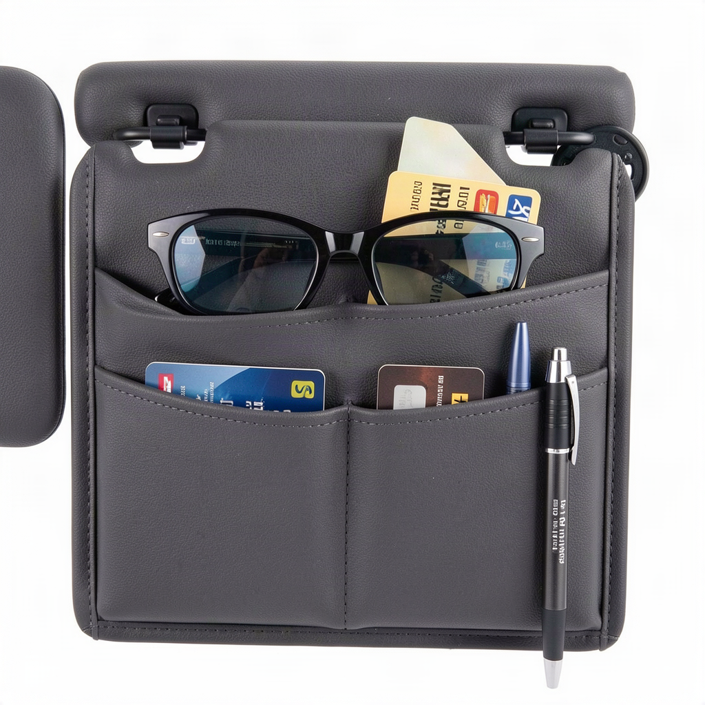 Car Sun Visor Organizer - PU Leather Multi-Pocket Storage Pouch - View 2