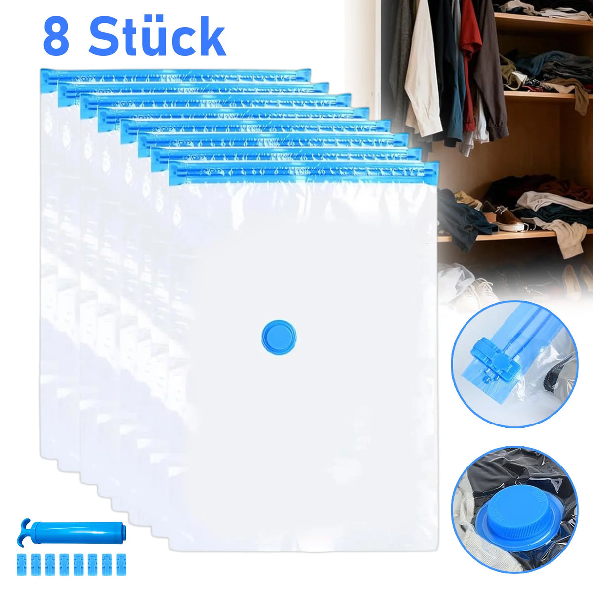 Vacuum Storage Bags 8-Pack with Hand Pump – Space Saving Travel & Home - View 2
