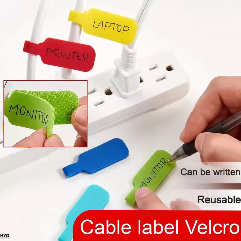 Twenty colorful write-on cable label ties for cord organization