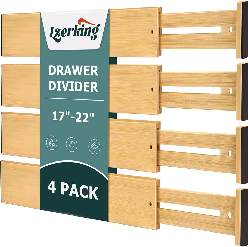 4-Pack Adjustable Bamboo Drawer Dividers, 17 to 22 Inches