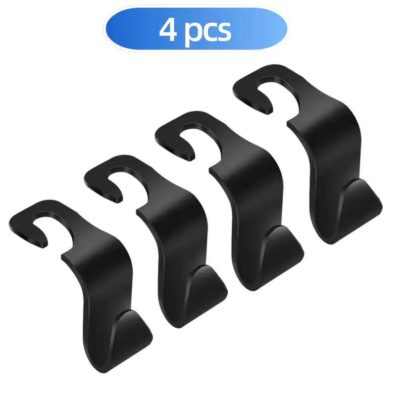 Four black hooks designed to hang bags from two-post car headrests