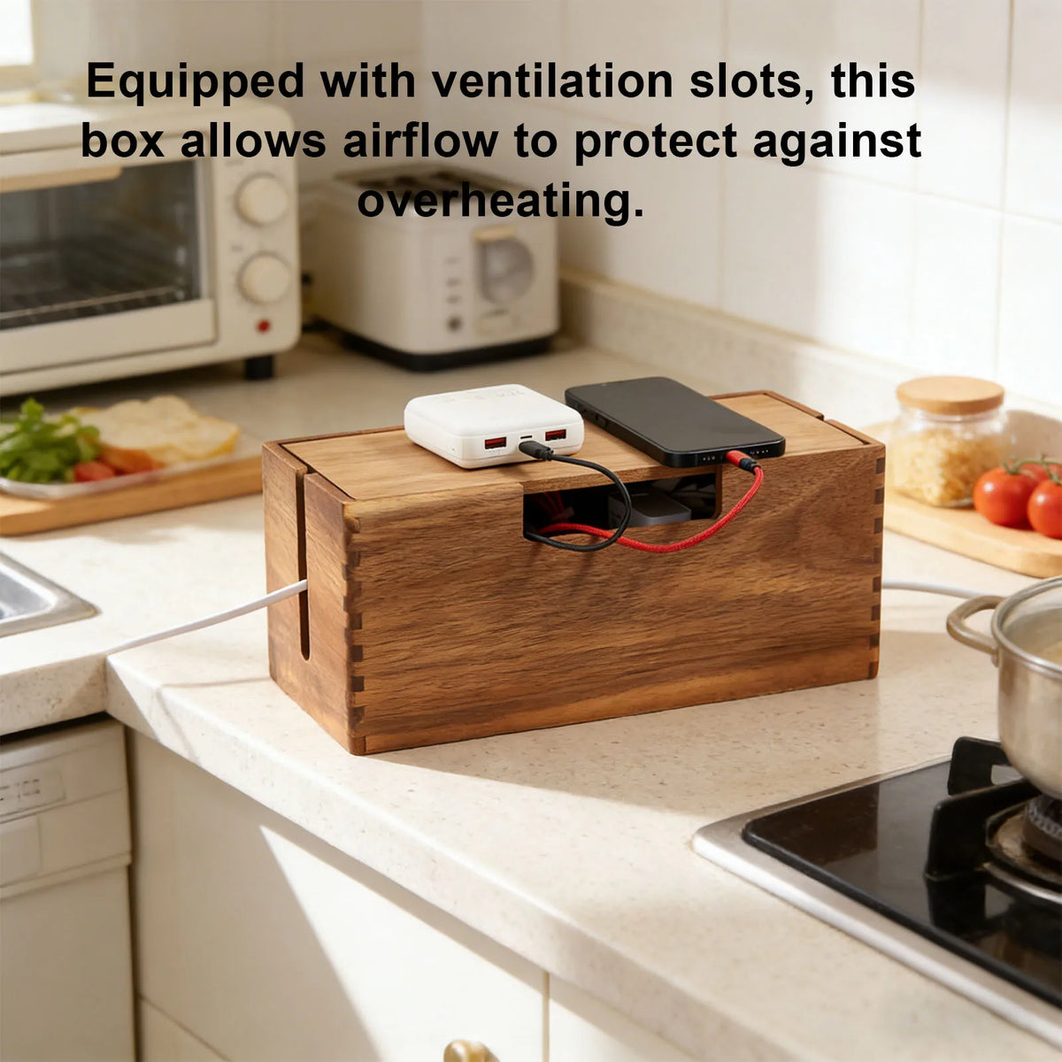 Cable Management Box with Wood-Grain Lid for Power Strips and Cords - View 2