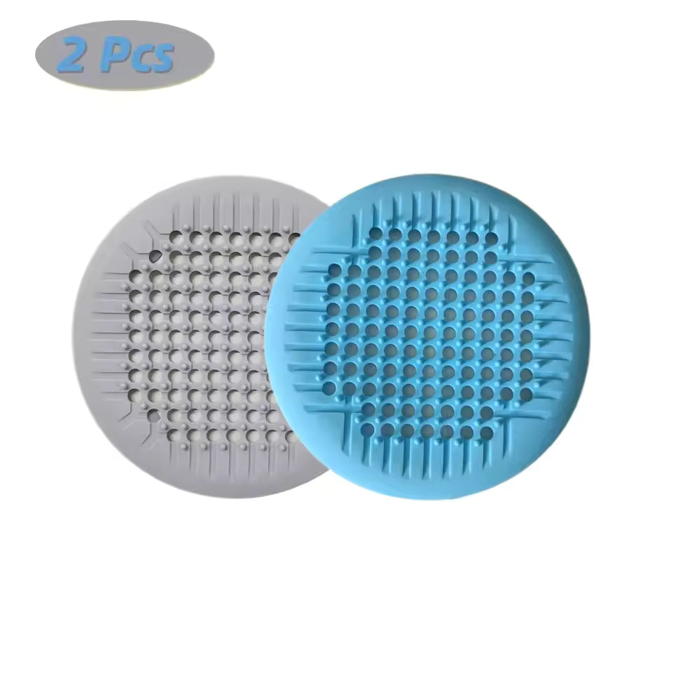 Gray and blue silicone shower drain hair catchers with suction cups