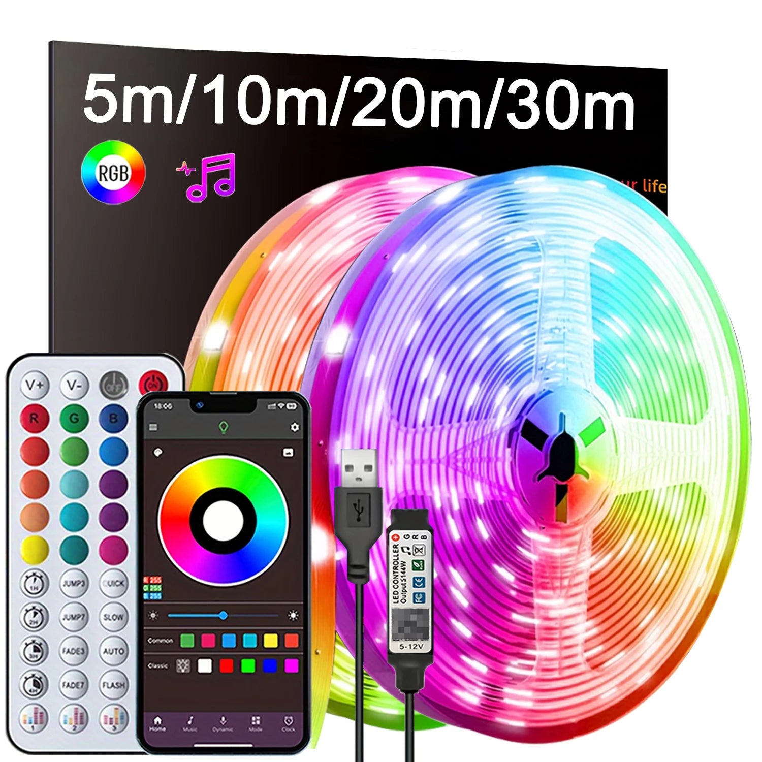 RGB LED Strip Lights 5M – App & Remote Control, Music Sync, USB Powered