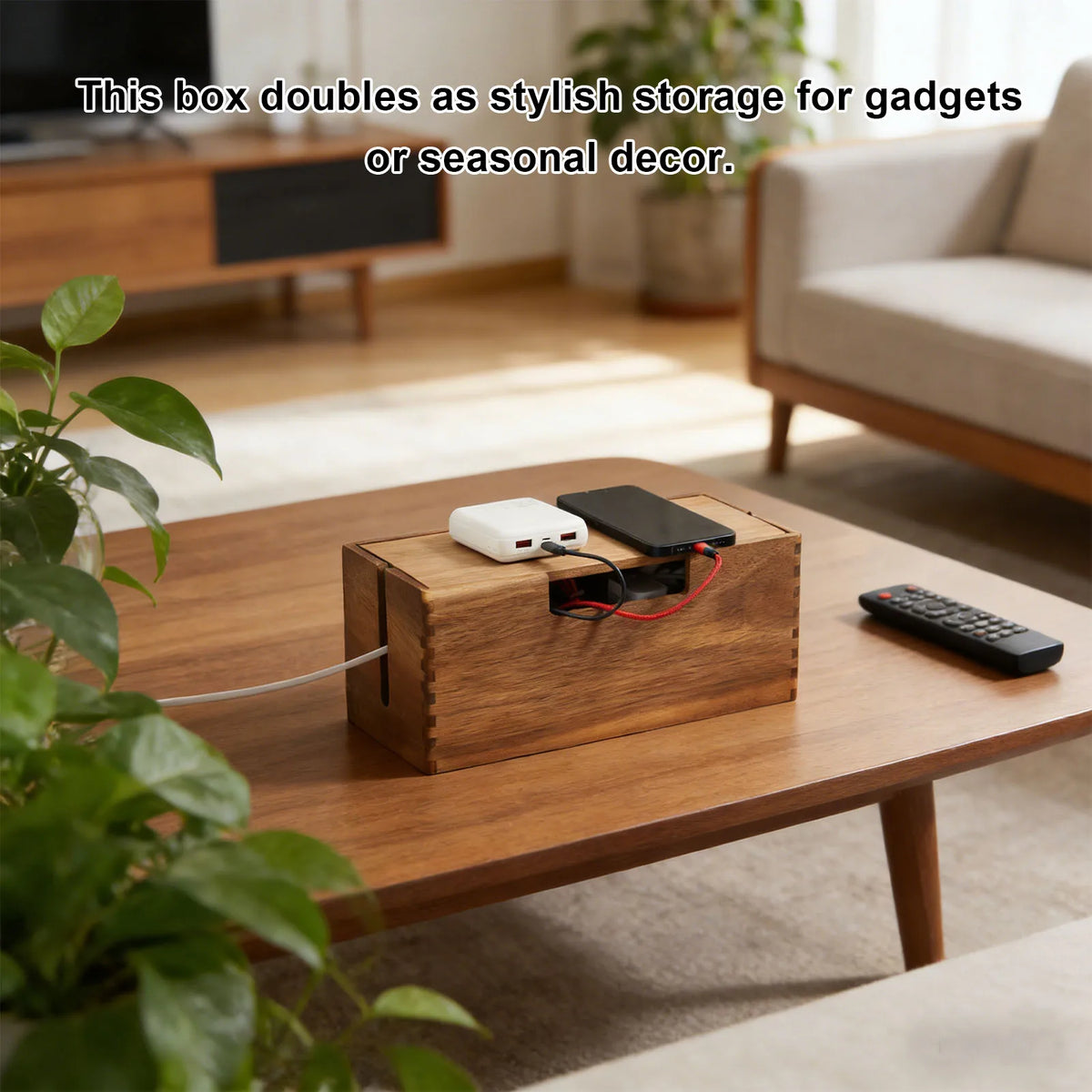Cable Management Box with Wood-Grain Lid for Power Strips and Cords - View 3