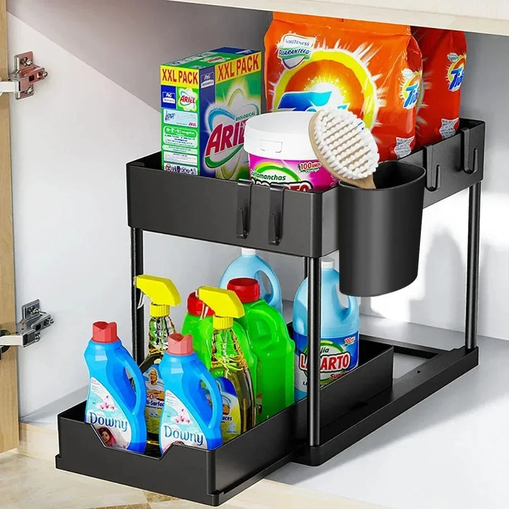 2-Tier Under-Sink Sliding Storage Basket with Hooks - View 3