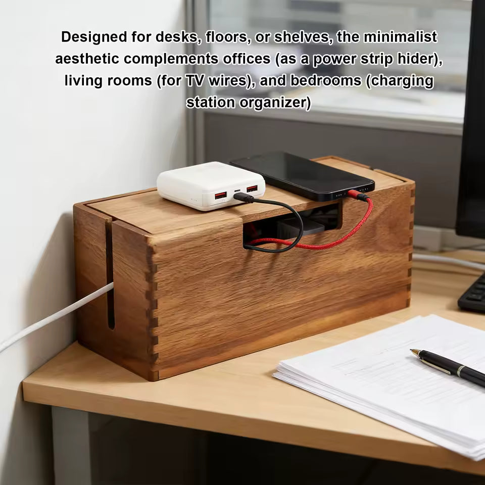 Cable Management Box with Wood-Grain Lid for Power Strips and Cords