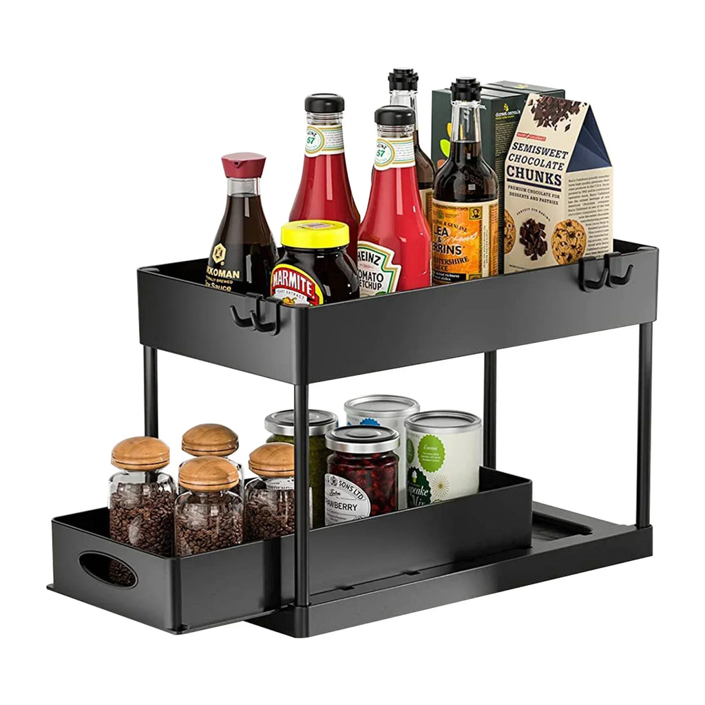 2-Tier Under-Sink Sliding Storage Basket with Hooks - View 2