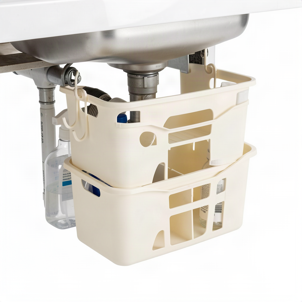 2-Tier Under-Sink Sliding Storage Basket with Hooks