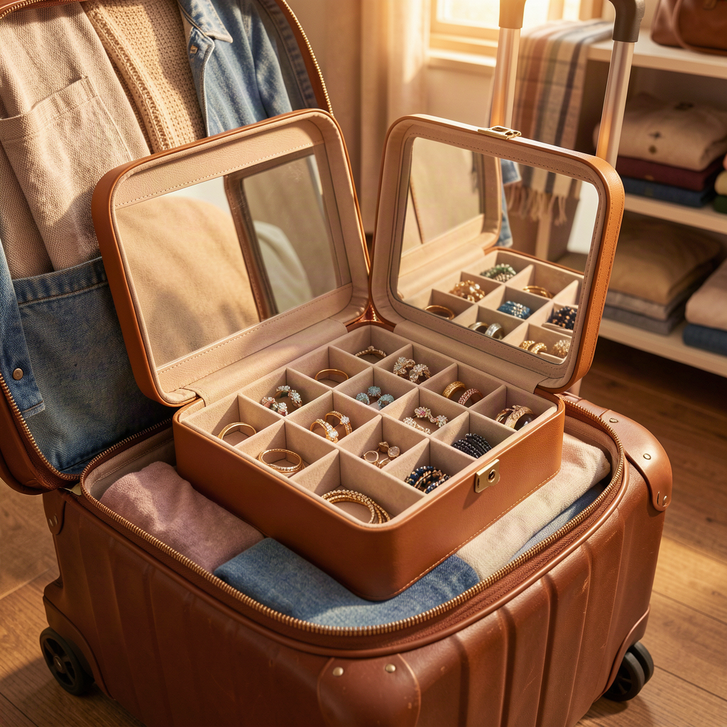 Travel Jewelry Organizer Box - Portable PU Leather Jewelry Case with Mirror for Earrings, Rings, Necklaces - View 2