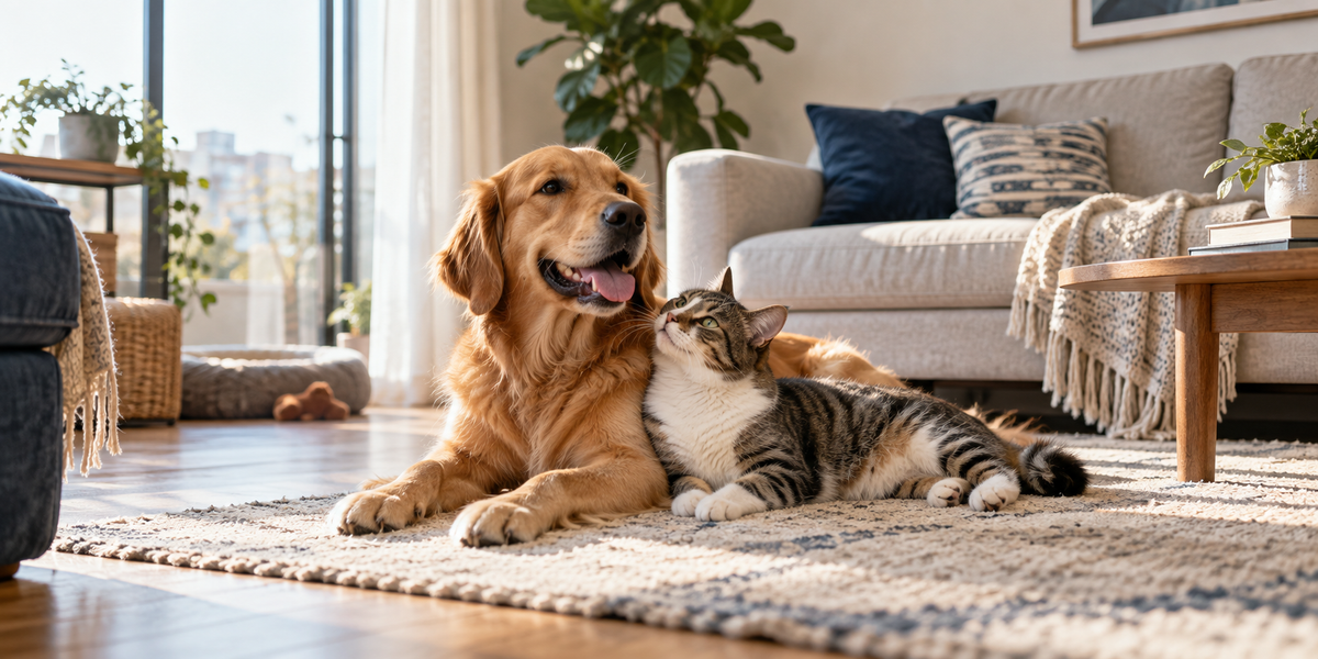Dog and cat resting together in a bright living room; illustrative lifestyle image.