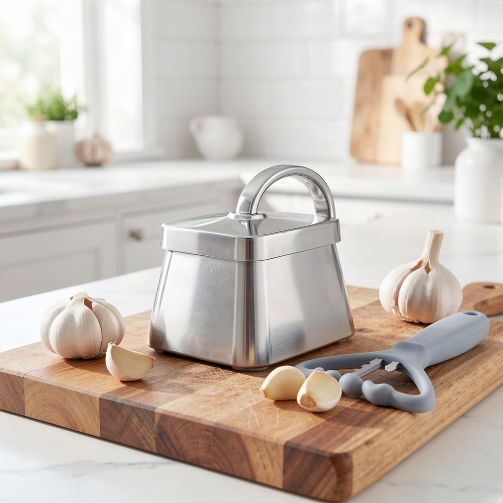 Stainless Steel Garlic Press Rocker with Silicone Peeler - View 2