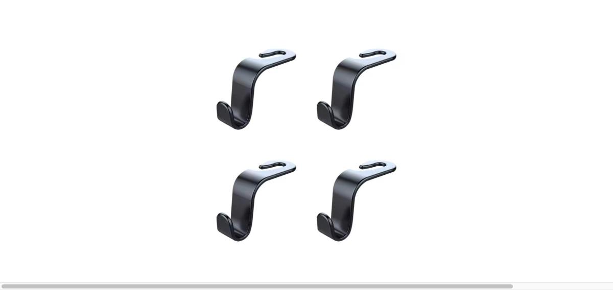 Four black plastic car headrest hooks arranged in a 2x2 grid on a white background