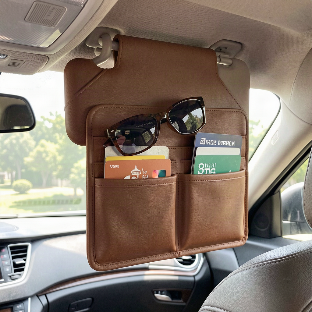 Car Sun Visor Organizer - PU Leather Multi-Pocket Storage Po - View 2