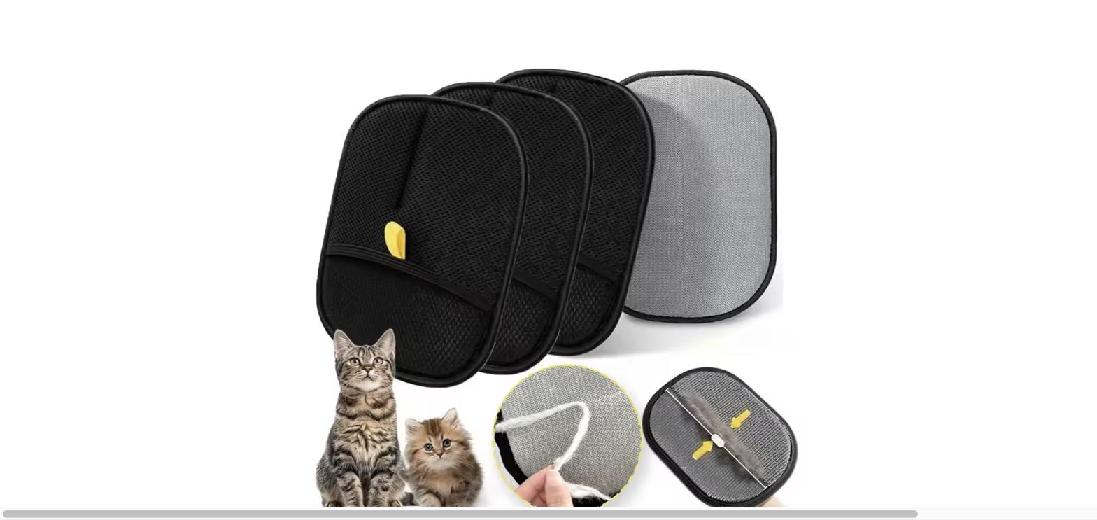 2pcs pet hair removal gloves fanned out showing front and back mesh texture, with cats in background