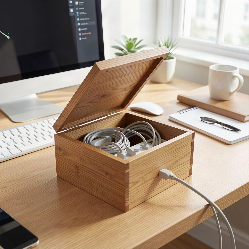 Cable Management Box with Wood-Grain Lid for Power Strips and Cords